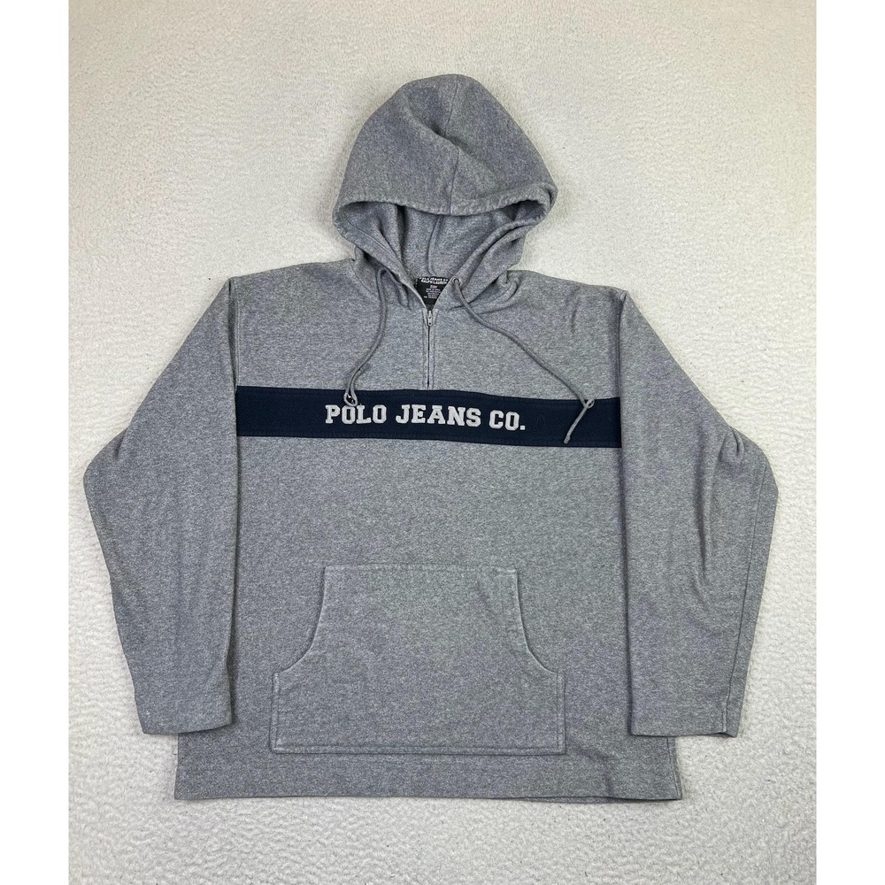Polo Jeans Co. Ralph Lauren Hoodie Mens Small Gray 1/4 Zip Spell Out Sweatshirt